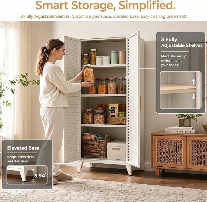 White Metal Storage Cabinet with Doors and 3 Adjustable Shelves 61"Tall Multifunctional Steel Heavy-duty Storage Locker for Kitchen Living Room Bedroom Home Office School 61"H X 27.6"W X 13.8"D