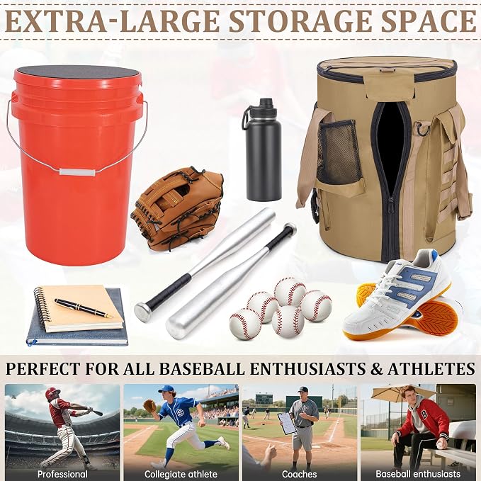 Baseball Bucket Bag, Tactical Style Softball Bucket Cover for 6 Gallon Bucket, Coaching Accessories Organizer with Multiple Pockets for Bat, Gloves, Scoreboard