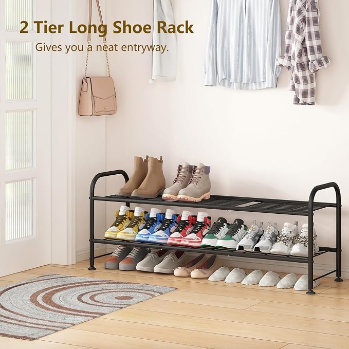 LINZINAR 2 Tier Long Shoe Rack for Closet Metal Shoe Organizer for Entryway | Spacious design stores 15+ pairs of shoes,durable metal frame,space-saving organizer for closet, hallway, and Entryway Black
