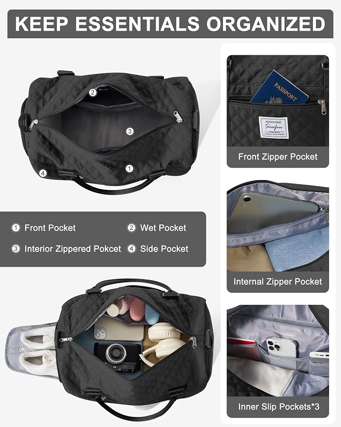 Gym Duffle Bag for Women with Shoe Compartment Waterproof Travel Tote Bags Personal Item Carry On Weekender Overnight Bags with Toiletry Bag Swimming Yoga Bags Hospital Holdalls Black