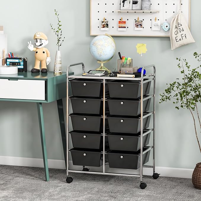 BECOMFORT 10-Drawer Rolling Cart with Drawers, Storage Cart on Wheels, Teacher Classroom Organizers with Metal Frame, Mobile Craft Cart, Trolley Utility Cart for School Office Play Room