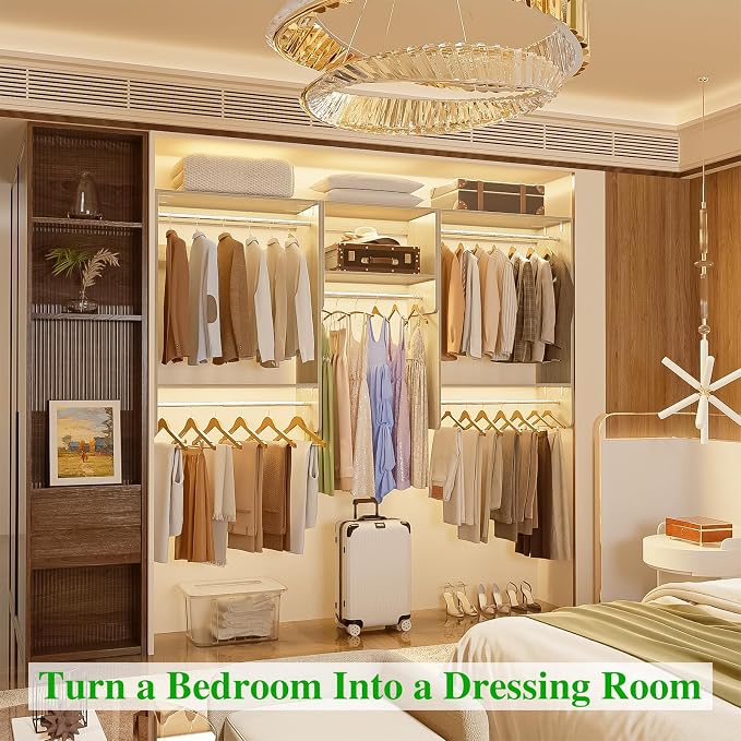 Unikito 36” - 96” Closet Systems, 8FT Walk in Closet Organizer Starter Kit with 5 Hanging Rod and 3 Shelves, Heavy Duty Reversible Wood Clothing Rack, Cut Be Cut to Fit, Max Load 1200 LBS, White Oak