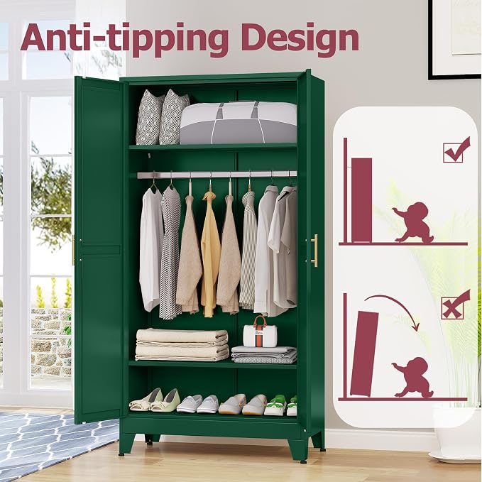 GAIOUS Metal Wardrobe Cabinet with Hanging Rod, Clothing Storage Cabinets | with 2 Doors and Adjustable Shelves, 71" Metal Green Armoire Wardrobe Closet for Bedroom, Laundry Room, Cloak Room