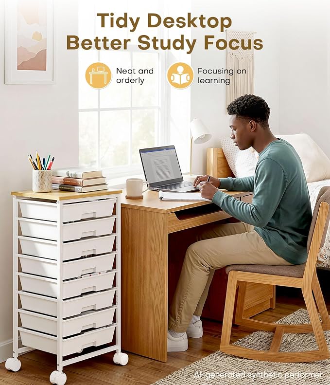 Homde Rolling Storage Drawer Cart: 8-Drawer Sort to Clear Desk & Dresser Clutter - Anti-Fall Smooth Glide Prevents Spill-Out During Daily Grab - Lockable Wheels Keep It Steady