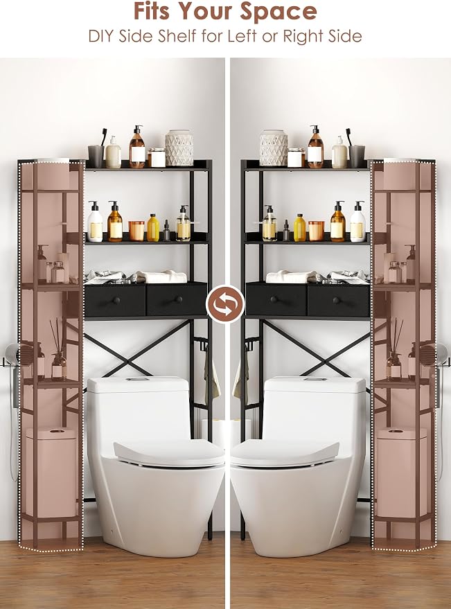Over The Toilet Storage with 2 Drawers - 7 Tier Bathroom Organizer with Adjustable Shelf, Freestanding Space Saver Storage Rack Above Toilet Stand with Hooks for Small Restroom, Laundry(Black)