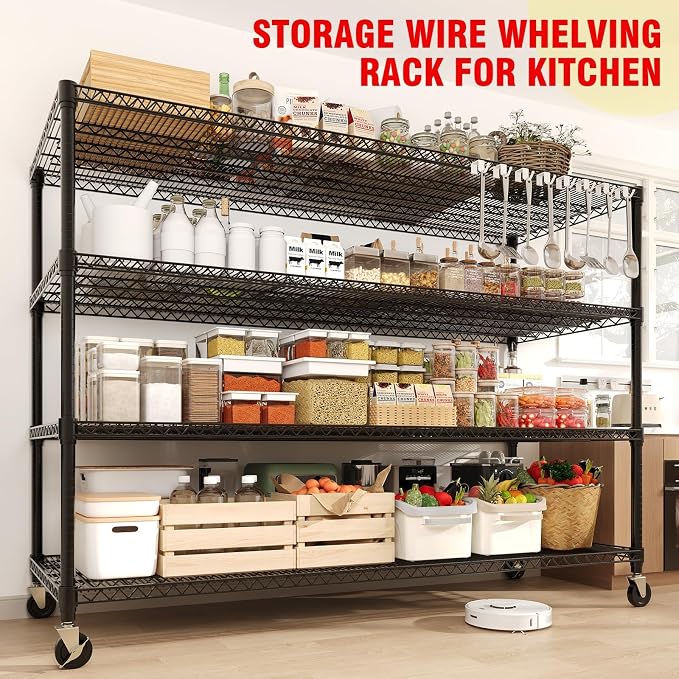 Metal Shelving with Wheels, 2640LBS 4-Tier Heavy Duty Garage Storage Shelves, Adjustable Wire Rack Shelving Unit w/Casters, Rolling Shelf for Home, Workshop, Basement, 74" H×24" D×60" W