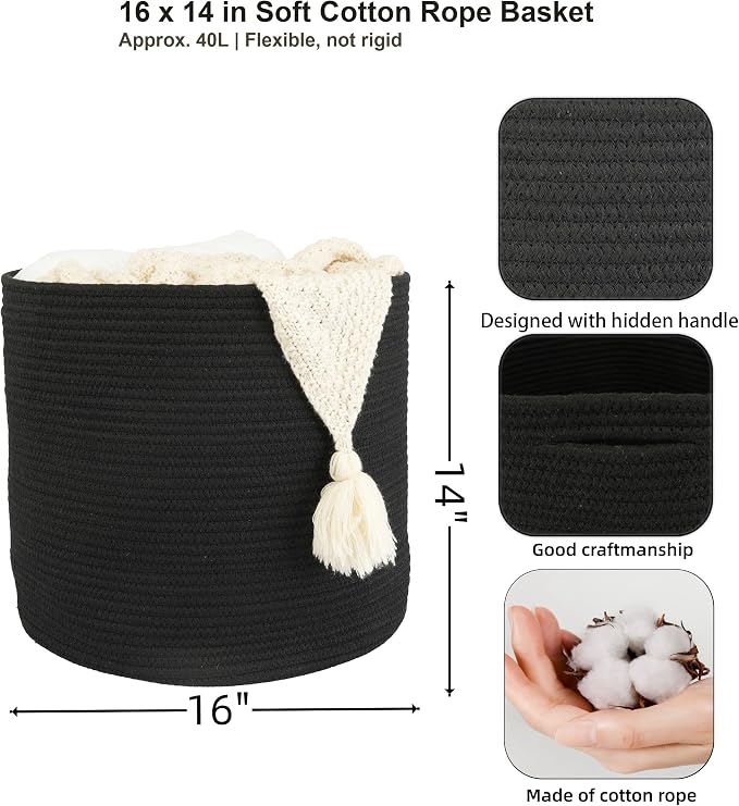 XUANGUO Cotton Rope Woven Basket, 16x14 in Kids Laundry Basket black | Round blanket basket and small laundry basket; baby hamper or nursery storage bin for girls, boys, toys, clothes and shoes