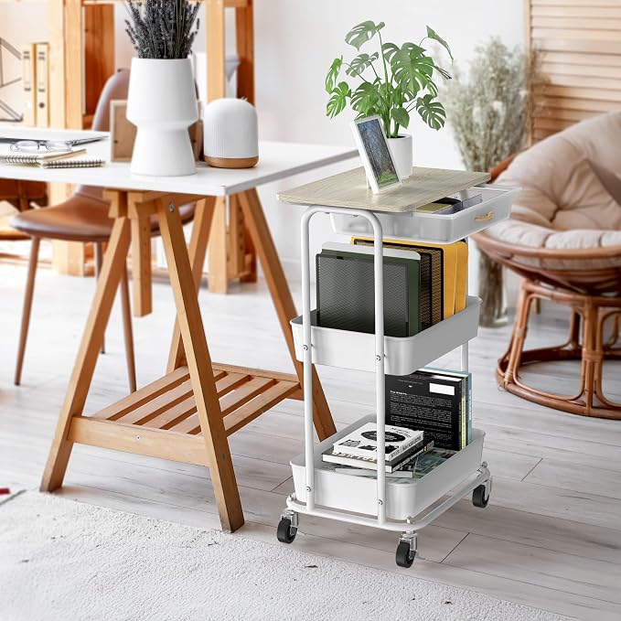Simple Houseware 3-Tier Rolling Utility Cart with Drawer & Wood Top, Maple | Mobile Sofa Side Table, Nightstand, Slim Storage Organizer Trolley for Bedroom, Bathroom, Office & Art Supplies