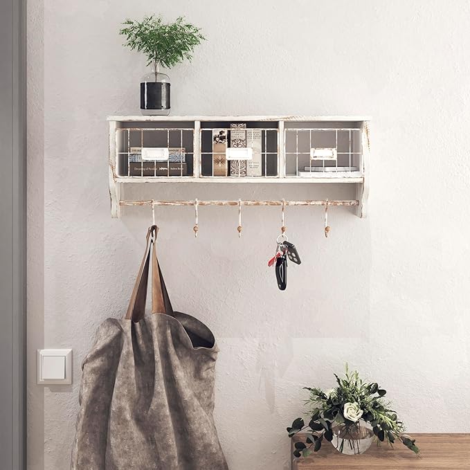 BizChair Wall Mounted Storage Rack - Whitewashed Solid Pine Wood - 24 Inch - Upper Shelf - 5 Hooks - Wire Baskets - For Entryway, Kitchen, Bathroom