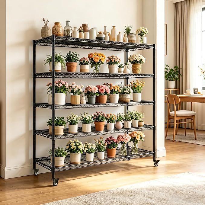 AIRAJ 36”W Storage Shelves with Wheels,5 Tier Wire Shelving,1750 LBS Metal Shelving Adjustable Layer Height,Garage Shelving Units for Kitchen,Pantry and Warehouse,Rolling Wire Rack,36”W×14”D×73”H