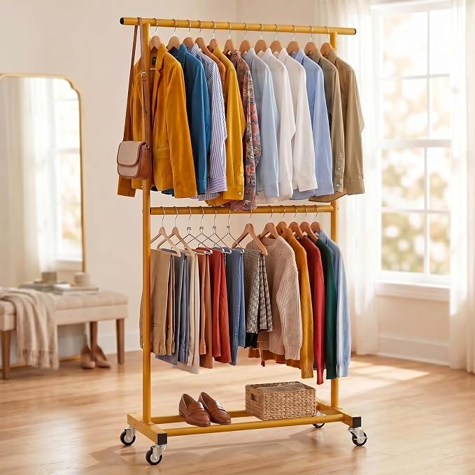 Sywhitta Double Rod Clothing Garment Rack, Rolling Clothes Organizer on Wheels for Hanging Clothes, Easy to Assemble, Adjustable, Gold