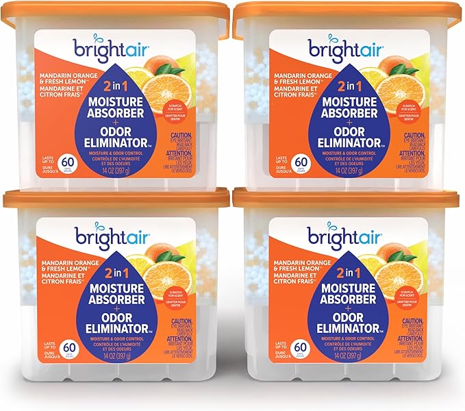 Bright Air Mandarin Orange & Fresh Lemon, 2-in-1 Moisture Absorber & Odor Eliminator, Case of 4, Lasts up to 60 Days Each