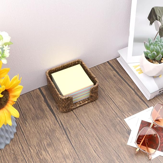 Sticky Note Holder Seagrass Post It Note Dispenser, 3 x 3 Inch Woven Sticky Note Dispenser, Farmhouse Post It Holder for Desk Home Office Decor, Coffee