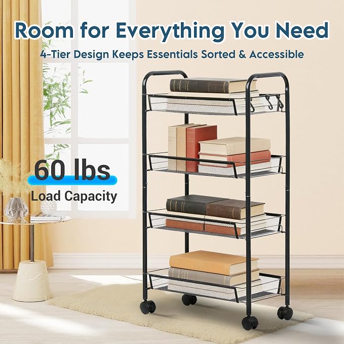 LOFTEY 4 Tier Rolling Cart, Small Metal Utility Cart with Wheels, Black | 10.2" Slim Width, Four Mesh Baskets, 15 lb Load Capacity per Basket, Tool-Free Assembly, Ideal for Bathroom & Snack Storage