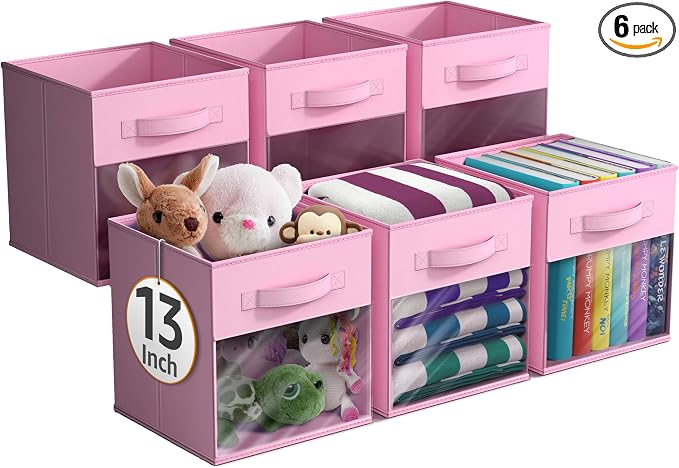 Sorbus 13 Inch Storage Bins with Clear Window - 6 Foldable Baskets for Organizing Clothes, Toys, Books - Sturdy Collapsible Fabric Storage Cubes with Handle - Storage Baskets for Shelves, Closets
