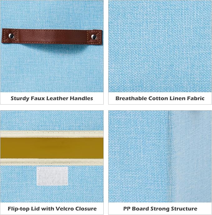 Storage Boxes with Lid Cotton Linen Fabric Storage Bins Organizer Container Decorative Collapsible Washable Shelf Baskets Faux Leather Handles for Home Bedroom Closet (Light Blue, Large)