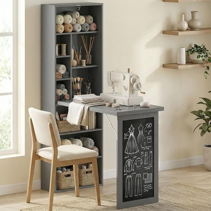 HOMCOM Foldable Convertible Writing Table, Wall Mounted Space-Saving Computer Desk with Chalkboard and Storage Shelves for Small Spaces, Home Office, Bedroom, Dorm, Apartment, Charcoal Gray