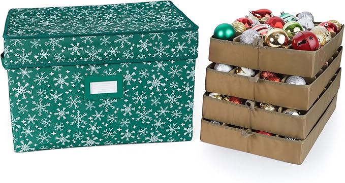 Covermates Keepsakes Adjustable Ornament Storage Box – Heavy-Duty Polyester, Padded Dividers & FlexGrid Trays – Protective Holiday Organizer with Stackable Walls & Label Window, Green Snowflake