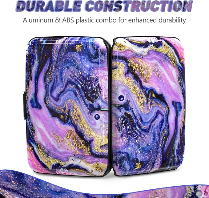 Credit Card Holder, Mini RFID Small Aluminum Card Wallet Business Card Case | Blocking Slim Metal RFID Blocking Front Pocket Wallet Hard Case CC Holder for Women Girl, Aesthetics Purple Marble