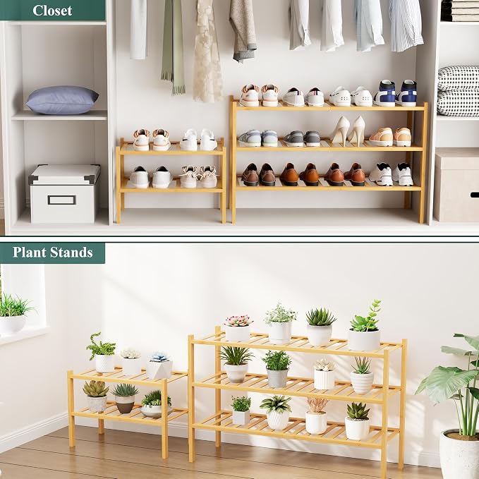 Smiry Long Bamboo Shoe Rack, 2 Tier Free Standing Wooden Shoe Organizer, Stackable Wood Shoe Storage Shelf for Closet, Entryway, 12 Vertical Slats, One-piece Standard Legs, 33.7"x11"x13", Natural