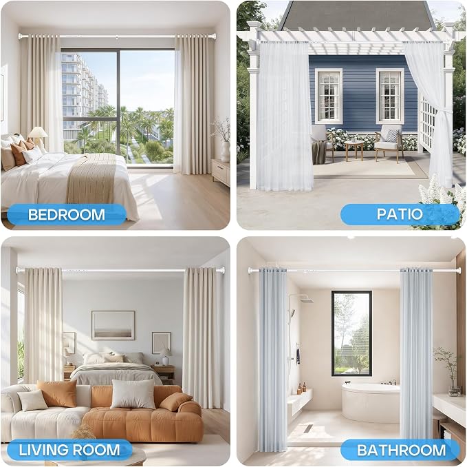 Tension Curtain Rod White Tension Rod 40 to 183 Inch Spring Curtain Rods Non Slip Tension Rods 1pcs For Windows No Drilling Adjustable Tension Rods of Curtains Window Closet Kitchen Wardrobe