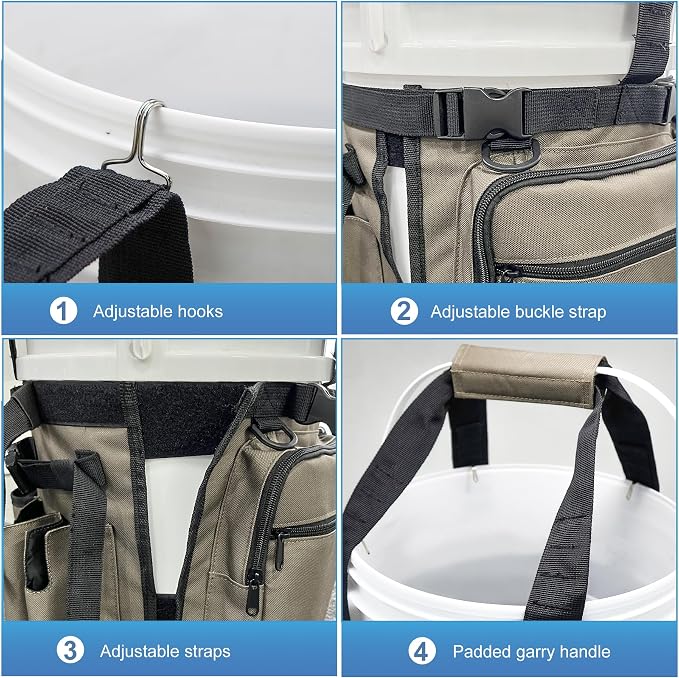 Fishing Bucket Organizer with Bucket Cover Fishing Tackle Bag with Rod & Plier Holder, Multi-Pockets for 5 Gallon Bucket Fishing Gear & Accessories Father Gifts
