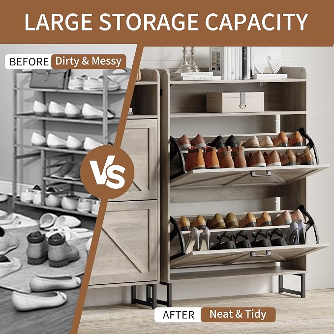 Shoe Cabinet with 2 Flip Drawers, Freestanding Hidden Shoe Storage Organizer for Entryway, Narrow Slim Shoe Rack Cabinet with Open Storage & Hooks for Front Door Entrance, Living Room, Hallway, Grey