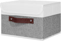 ANMINY Storage Boxes with Lids Washable Decorative Storage Bins Basket with PU Leather Handle Foldable Linen Fabric Storage Cubes Containers for Home Closet Organizer - Gray White, Medium