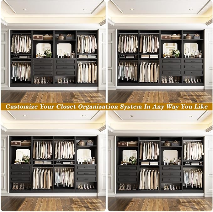 Unikito Closet System with Drawers, 100” Wood Closet Organizer with Hanging Rods and Mirror, Large Walk in Wardrobe Garment Rack with Adjustable Shelves, Sturdy Freestanding Closet Tower, Black