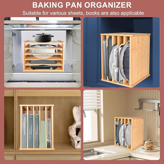 Cookie Sheet Organizer for Cabinet, 6 Tier Sheet Pan Organizer, Baking Sheet Organizers Inside Cabinet, Bamboo Kitchen Organizer for Bakeware and Cutting Board