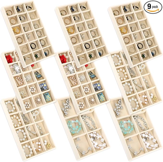 Jewelry Organizer Trays Set of 9, Velvet Lined Stackable Jewelry Trays for Drawers with Adjustable Dividers, Earring Organizer Storage, Beige 8.3 x 4.9 x 1 Inches