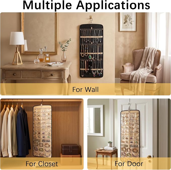 2 Pack Hanging Jewelry Organizer and Storage,Necklace Holder Anti-tangle Earrings Rings Hanger with 43 Pockets 21 Hooks,Double-Sided Jewelry Storage for Closet Door Wall