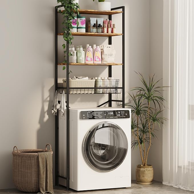 Gizoon Over-The-Toilet Storage Rack with Adjustable Shelf and Basket, 4-Tier Freestanding Space Saver Bathroom Shelves Above Toilet for Room