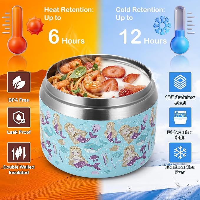 MAXSO 14oz Vacuum Insulated Food Jar with Spoon Buckle Lid, Kids Soup Thermo for Hot Food Wide Mouth Leakproof Stainless Steel Lunch Container - Mermaid