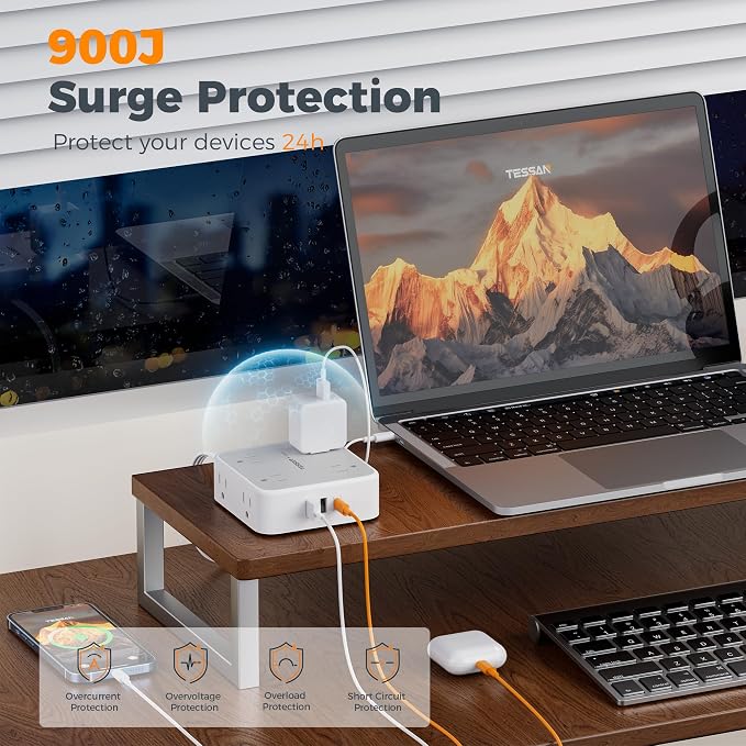TESSAN Surge Protector Power Strip, 25 Ft Flat Plug Extension Cord with 3 USB (1 USB C 20W PD) 8 Outlets, 900J Protection, 3 Sided Outlet Extender with Power Switch for Office, Dorm Room, Grey