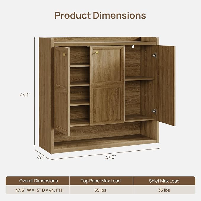 SICOTAS Shoe Storage Cabinet for Entryway, 6-Tier Shoe Cabinet with 3 Doors | 47.6" Wide Extra Large Shoe Cabinet with 3 Doors, Holds Up to 30 Pairs, Adjustable Shelves Shoes Rack Organizer for Hallway