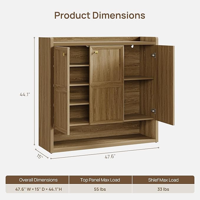 SICOTAS Shoe Storage Cabinet for Entryway, 6-Tier Shoe Cabinet with 3 Doors | 47.6" Wide Extra Large Shoe Cabinet with 3 Doors, Holds Up to 30 Pairs, Adjustable Shelves Shoes Rack Organizer for Hallway