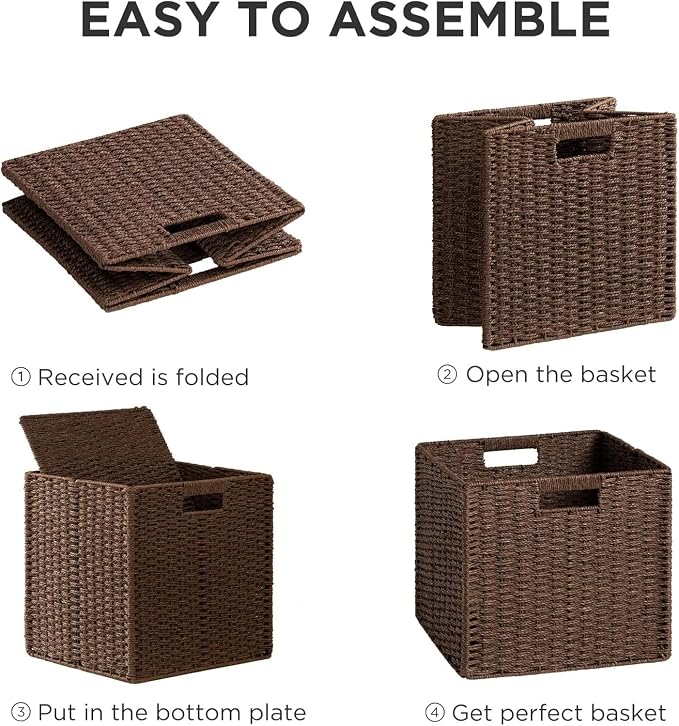 UBBCARE 2 Pack Wicker Basket, 11L×11H×10.5W inch Woven Paper Rope Storage Baskets for Shelves, Foldable Cube Storage bin with Handle, Storage Basket for Organizing & Decor, Brown