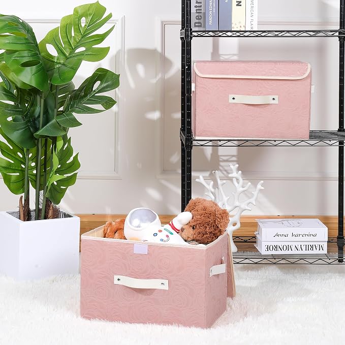 ANMINY Fabric Storage Bin with Lid Rose Print Storage Box Basket with PU Leather Handles Washable PP Plastic Board Decorative Foldable Lidded Shelf Cubes Closet Organizer Container - Pink, Large Size