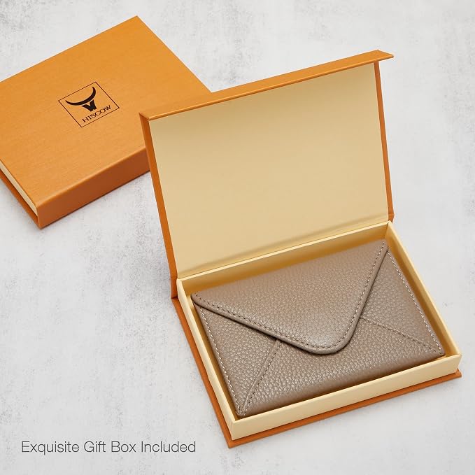 HISCOW Italian Pebbled Leather Business Card Holder, Minimalist Full Grain Envelope Card Case with Hidden Magnetic Closure, 0.19 Inch Slim Front Pocket Wallet for Men and Women, Taupe Grey