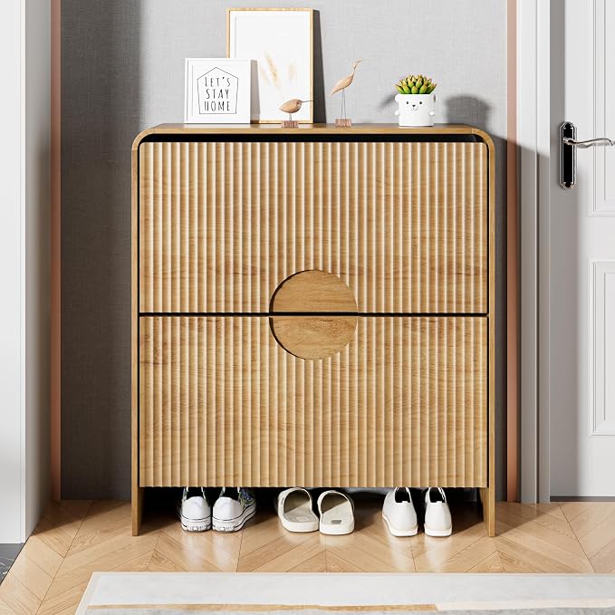 Narrow Shoe Cabinet for Entryway, Fluted Entry Way Shoe Storage Cabinet with 2 Flip Drawers Doors, Slim Hidden Shoe Rack Organizer for Entrance, Foyer, Hallway, Wood, 2 Tier