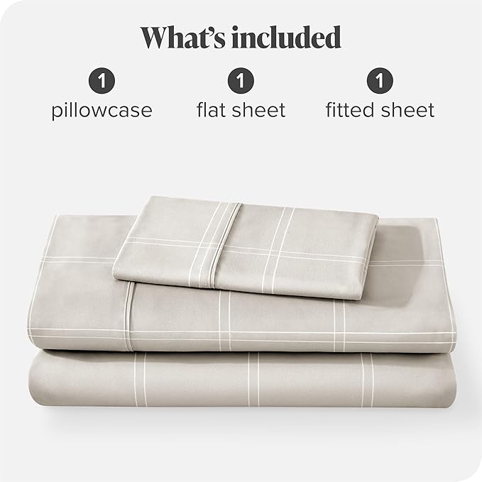 Bare Home Twin Sheet Set - Luxury 1800 Ultra- Soft Double Brushed Microfiber - Deep Pockets - Easy Fit - 3 Piece Bedding Sheet Set (Twin, Modern Plaid - Stone/White)