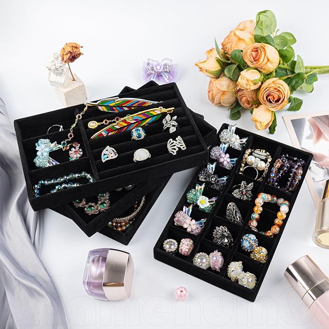 Framendino, 4 Pack Black Velvet Jewelry Trays Stackable Organizer Drawer Inserts Container Display Case for Bracelets Necklaces