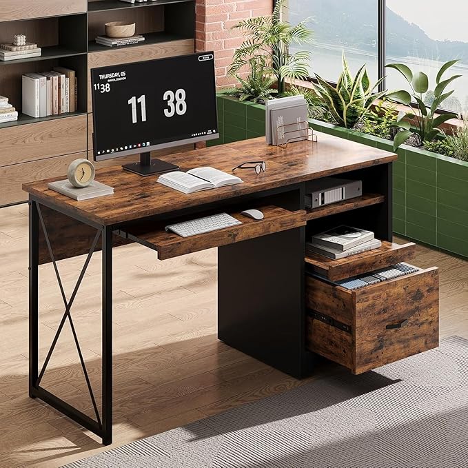 Bestier 47" Computer Desk with Drawers, Home Office Desk with Keyboard Tray, Reversible Industrial Office Desk with Storage Cabinet for Small Space Home Office & Studio, Rustic Brown | Storage Drawer, File Drawer Letter/Legal, Keyboard Tray, Cable Mana...