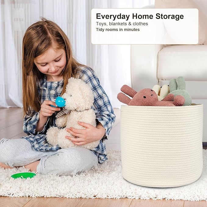 XUANGUO Cotton Rope Woven Basket, 16x14 in Kids Laundry Basket, white | Round blanket basket and small laundry basket; baby hamper or nursery storage bin for girls, boys, toys, clothes and shoes