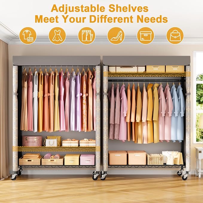 ULIFHOME Rolling Clothes Rack with Cover, Covered Clothing Rack Heavy Duty | P6C Plus Portable Closet for Hanging Clothes, Garment Rack on Wheels, Black Closet Rack with Pattern Cover, Max Load 375LBS