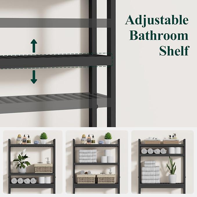 Smiry Over The Toilet Storage Cabinet, 3-Tier Bamboo Bathroom Organizers with Adjustable Shelf & 4 Hooks, Space Saving Shelf Rack for Bathrooms, Laundry Room, Balcony, Black