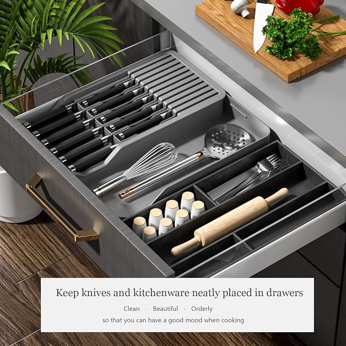 Drawer Knife Organizer Insert with Expandable Tray Fit 11 Knives | Adjustable Plastic Knife Storage Tray Hold Kitchen Tool, BPA-Free, Ventilated, Space-Saving, Easy to Clean