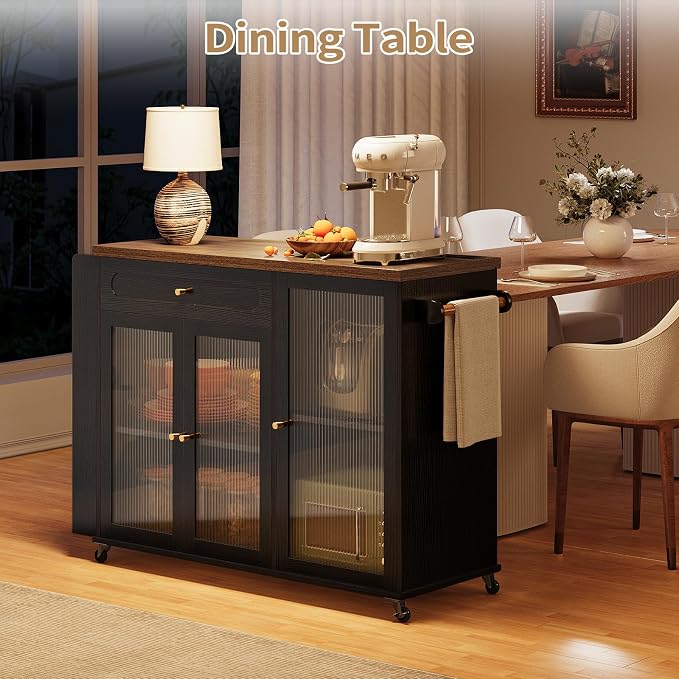 Kitchen Island with Power Outlet - Kitchen Cart on Wheels with Storage Cabinets & Drawers, Rolling Island Table with Spice & Towel Rack, Portable Islands with Large Wood Counter, Dinning Room