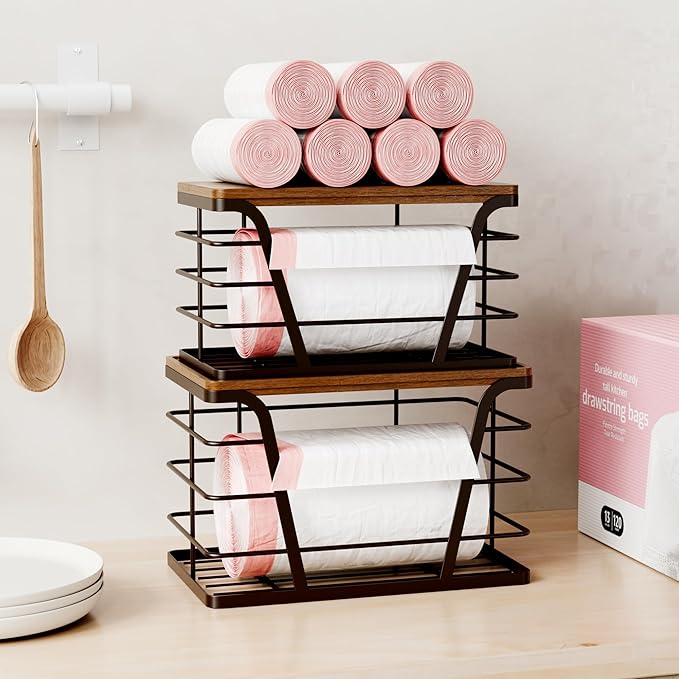TIDIIABODE 2 Pack Stackable Kitchen Organization,Counter Organizers and Pantry Organization for Home and Kitchen,Trash Bag Organizer Under Sink,Brown